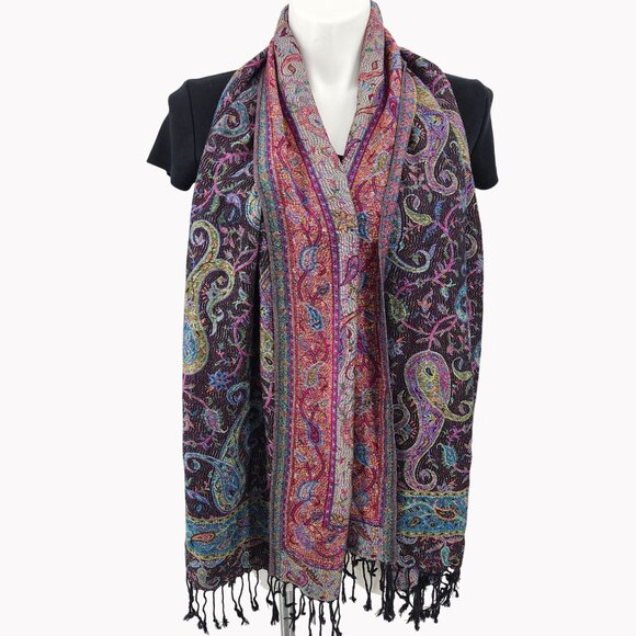 Cashmere Paisley Scarf Shawl With Fringe Multicolor 74" X 26" From Jerusalem - Picture 2 of 9